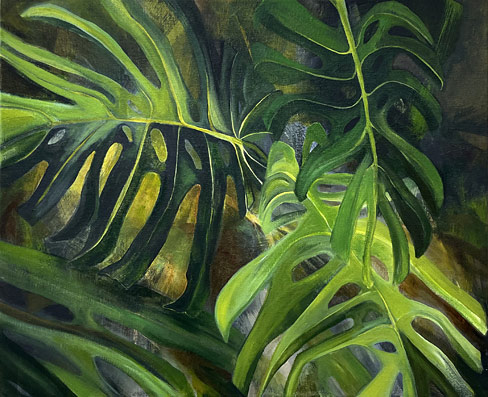 Rosemary eagles nz abstract landscape artist, monsterra leaves, acrylic on linen